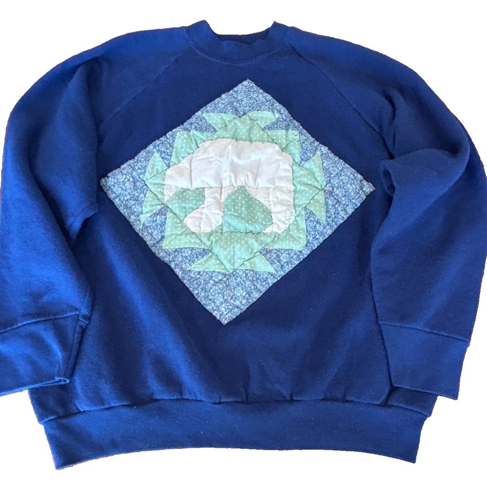 vtg Fruit of the Loom Sweatshirt Blue Vintage Floral Quilt Applique Raglan XL